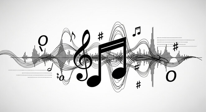 Abstract musical notes and sound wave illustration.