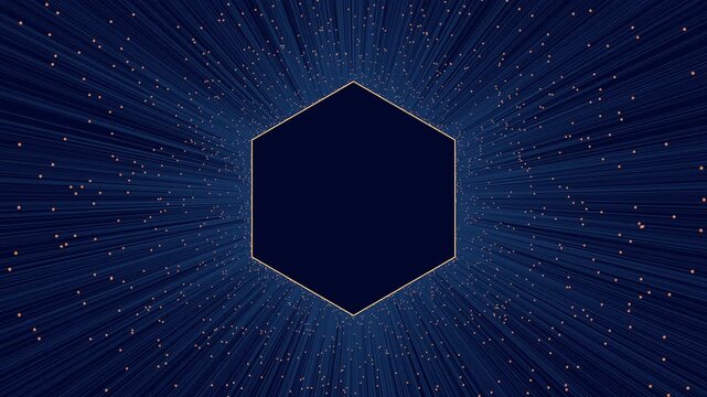 Abstract futuristic footage of a dark blue hexagon frame centered on a radial streak background with sparkling particles, ideal for technology, sci fi, and digital titles
