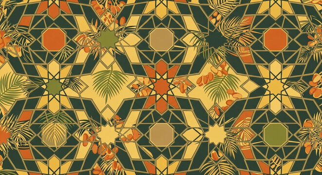 Exotic seamless pattern with vibrant Islamic geometric motifs interspersed with lush tropical palm leaves and dates in a striking golden ochre color palette.