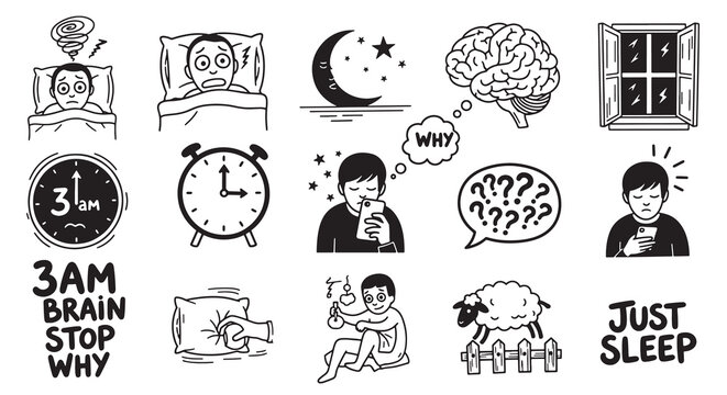 Insomnia and sleep disturbance line art doodle set with worried person, brain, and clocks, sleepless night concept.