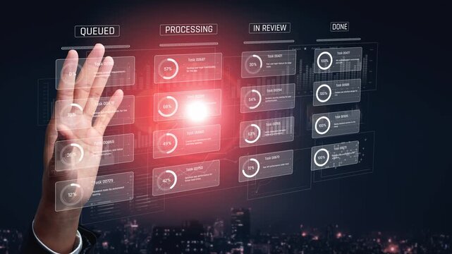 Task management tool dashboard showing kanban-style workflow with columns for to do, in progress, in review, and done, including task cards, progress, and team icons Marrow