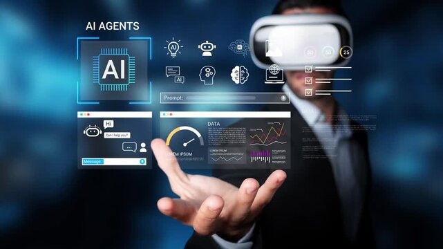 Futuristic interaction with artificial intelligence agents in a virtual reality environment showcasing digital data processing and analytics Gluon.
