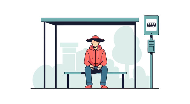 Man sitting at bus stop. Person waiting for transportation. Vector illustration of commuter. Bus shelter with bench. Parking meter. Urban scene. Simple flat design. White background.