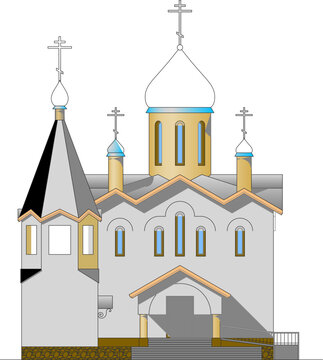 Colored architectural elevation of a Russian Orthodox church featuring onion domes with crosses, a tent-roofed tower, arched windows, and an entrance porch with stairs.