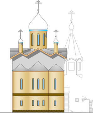 Colored architectural elevation of a Russian Orthodox church featuring onion domes with crosses, arched windows, multi-level structure, and partial line drawing view.