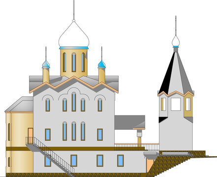 Colored architectural elevation of a Russian Orthodox church complex featuring onion domes, a tent-roof tower, external stairs, and multi-level structures.