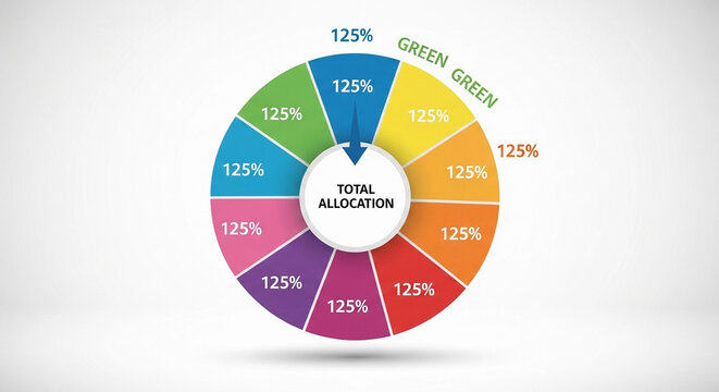 A vibrant, segmented pie chart illustrating total allocation with each segment displaying 125% for a concept of exceeding expectations or over-allocation in a business or financial context.
