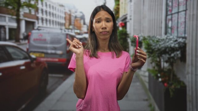 Thai woman wearing a pink tshirt holding a pink disposable razor, points finger at the razor while standing on a city street; skepticism.