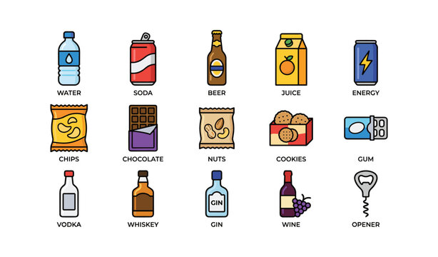 Bottles and snacks arranged in grid on white background