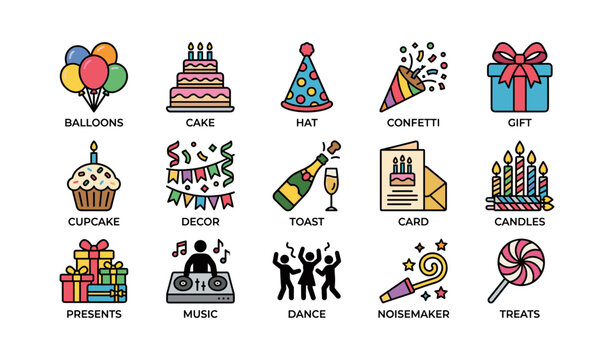 Party items icons arranged in labeled grid on white background