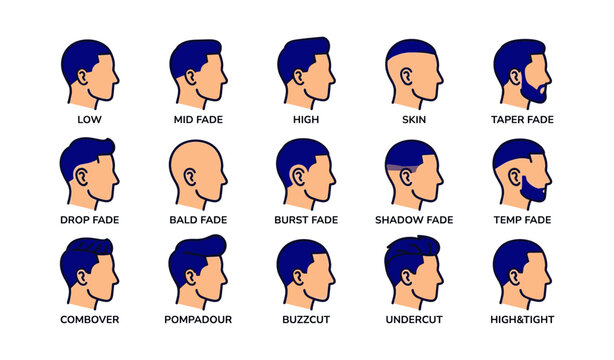 Male haircut style icons displaying various fade and cut types