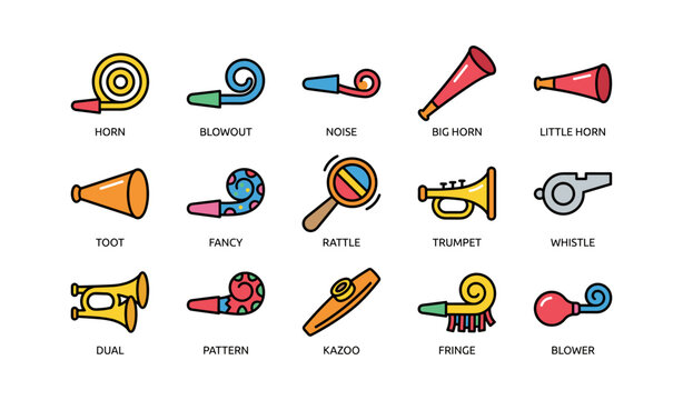 Party horn and whistle icons arranged in grid on white background