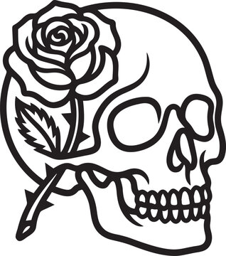 Skull and rose flower tattoo design with leaves and thorns vector.