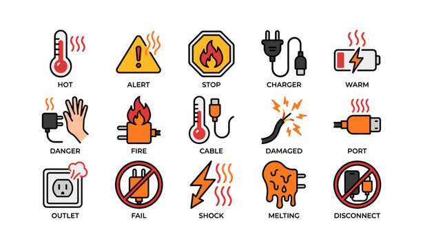 Electrical hazard icons showing plugs, flames, and melted components