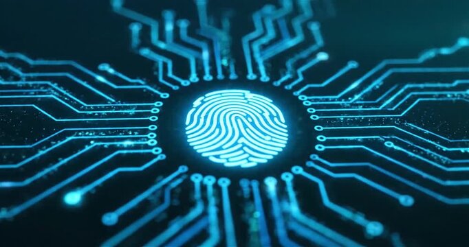 Blue fingerprint on a digital circuit board background for tech security, cybersecurity, data protection concepts. Iconic for digital identity visuals.