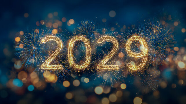 Sparkling golden 2029 numbers with vibrant fireworks and glowing bokeh lights celebrating the upcoming new year festive night scene