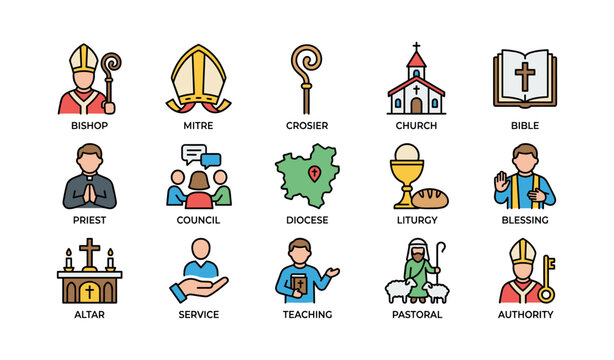 Church icons representing clergy and sacraments on white background
