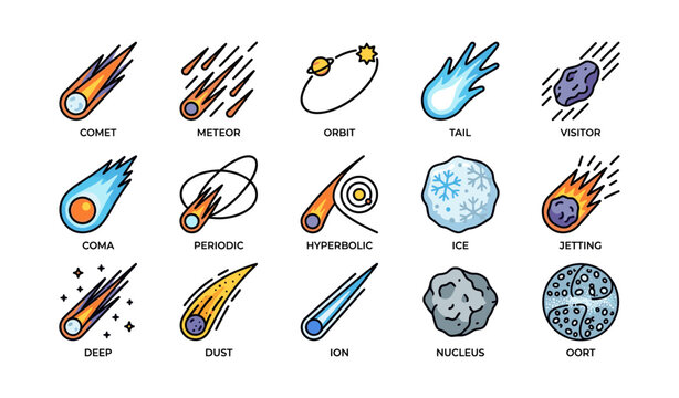 Comet and meteor icons with orbital paths on white background