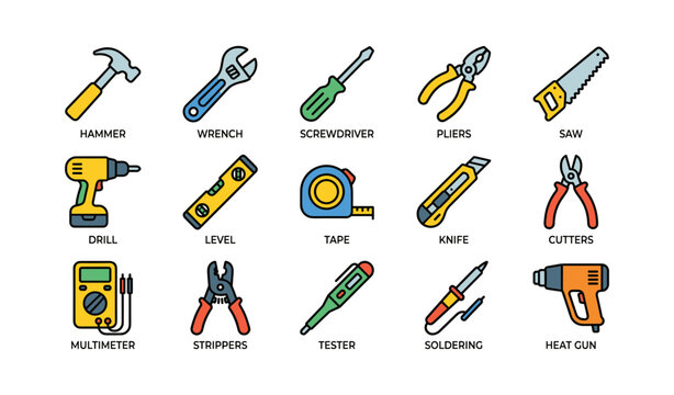 Workshop tool icons showing hand and power tools on white