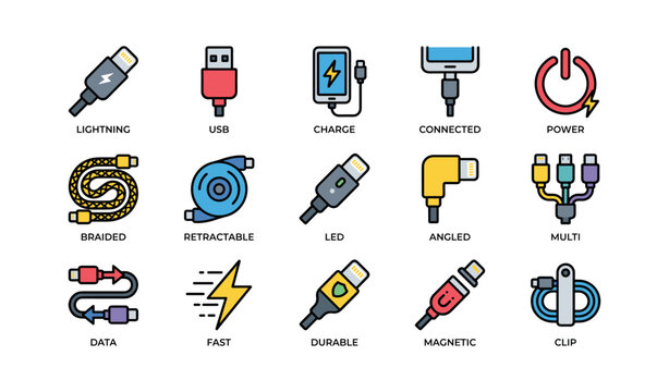 Various charging cable icons showing connectors and power types