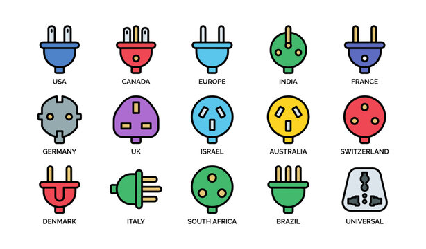 International plug type icons showing country specific outlet designs