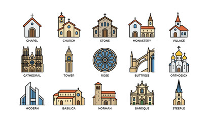 Fototapeta premium Religious buildings and church architecture icons in grid layout