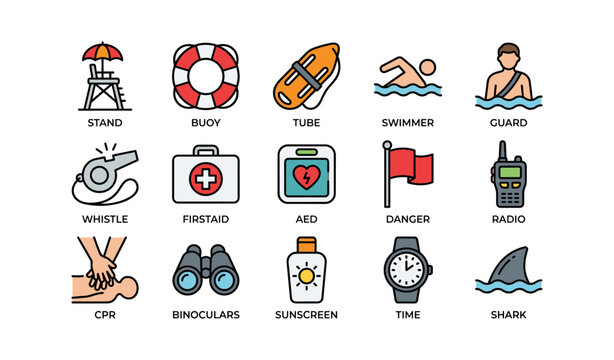 Lifeguard equipment displayed for beach safety on white background