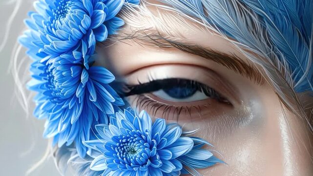A blue-eyed gaze with flowers. Feathers add softness and depth to the artwork