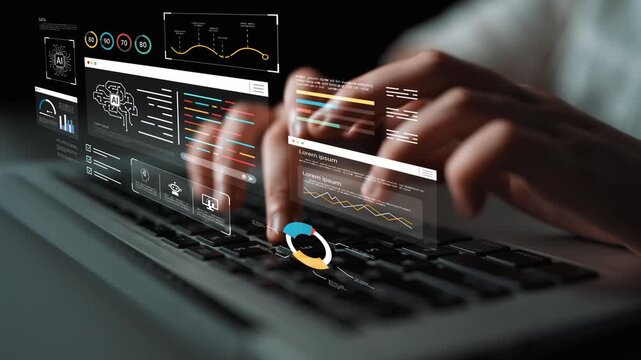 Hands Typing on Keyboard with Futuristic Data Visualization and Analytical Graphics Displayed in a High-Tech Environment Gluon.