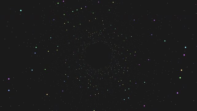 Abstract footage of multicolored glowing particles forming a circular ring and drifting outward on a dark background, ideal for cosmic, sci fi, and tech motion design