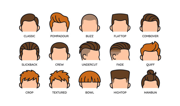 Male haircut style icons arranged in grid on white background