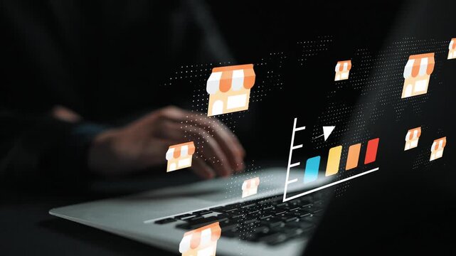 Modern technology for e-commerce growth with data visualization and online shopping icons showcasing brand development and market trends analysis Gluon.