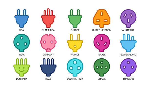 Electrical plug icons representing regional outlet types on white