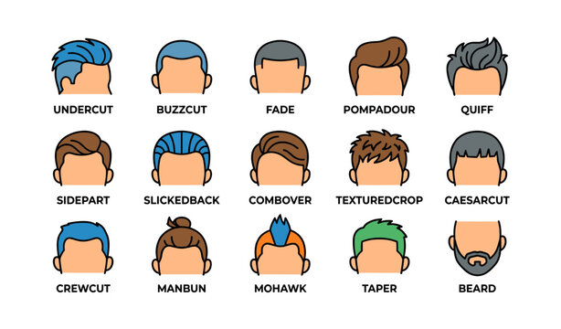 Male hairstyle and beard styles displayed on white background