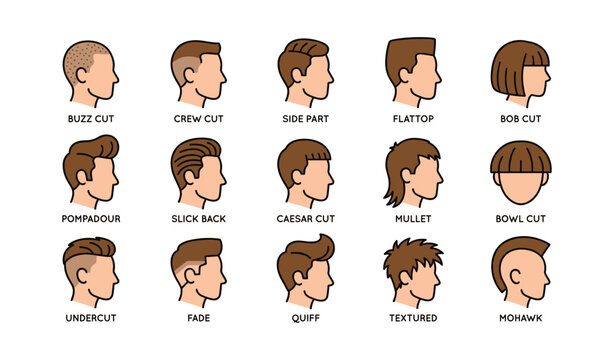 Multiple head silhouettes displaying various haircut styles