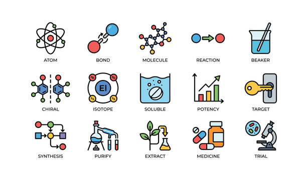 Chemistry and laboratory icons arranged in grid on white background