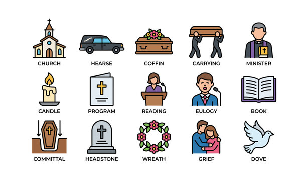 Funeral and memorial icons arranged in grid on white background