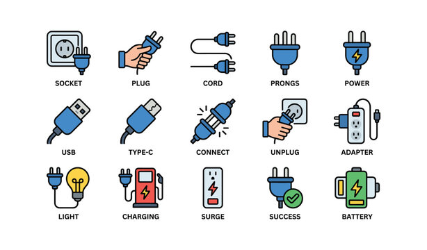 Power plugs and connectors displayed in grid on white background
