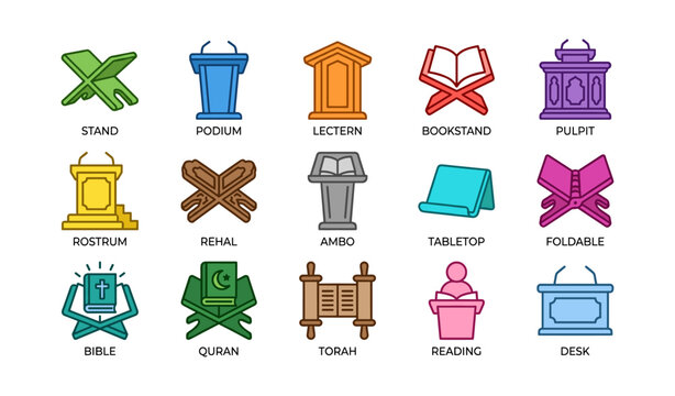 Various lectern and bookstand icons arranged on white background