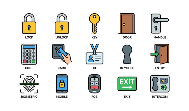 Security icons displaying locks keys and access controls on white