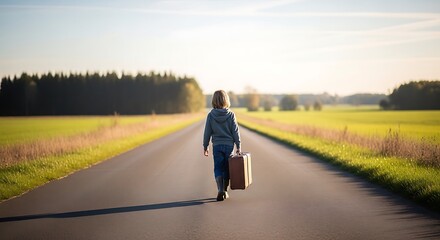 Fototapeta premium A lone figure walks down a long, empty road with a suitcase, symbolizing a journey or new beginning.