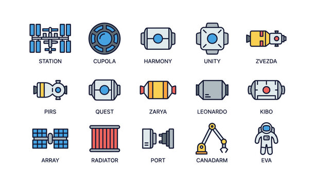 Space station module icons showing modules and equipment on white