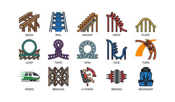 Set of roller coaster track and safety icons on white background