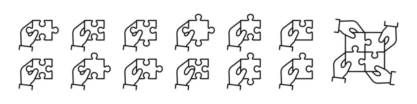 Hands holding jigsaw puzzle pieces, interlocking shapes, and group collaboration for business solution line icon set