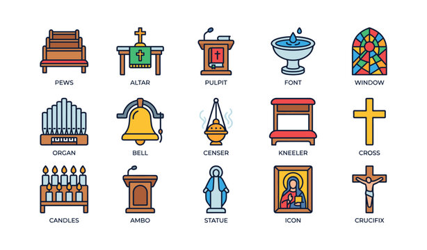 Church items arranged in grid layout on white background