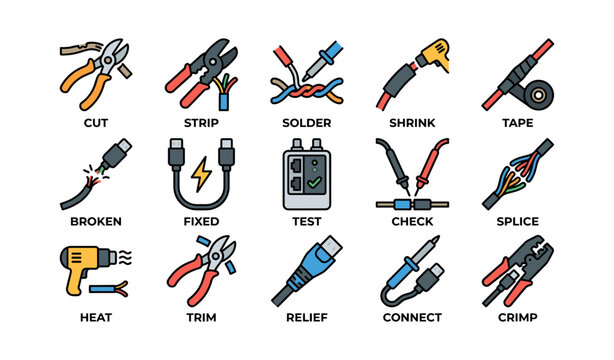 Electrical wire repair and testing tools on white background
