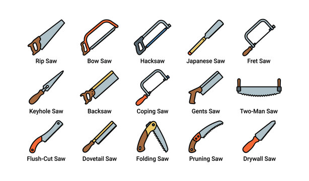 Various hand saw types labeled and arranged on white background