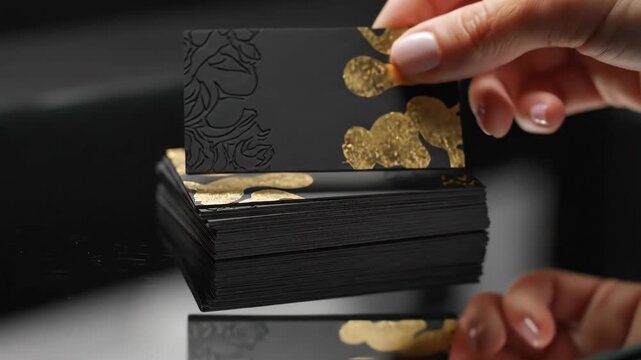 Close-up of a hand picking up a luxury black business card with gold foil stamping. Person holding a premium branding design from a stack on a reflective table. Elegant networking concept