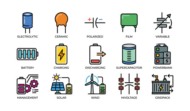 Energy storage and component icons arranged on white background