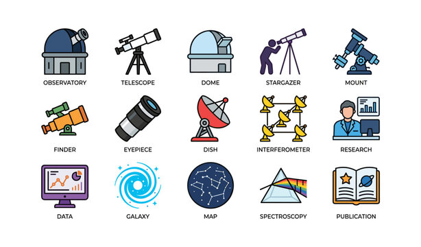 Astronomy and telescope icons showing observatory and research